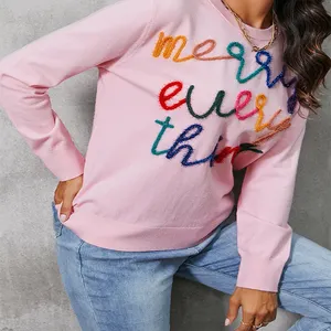 Wholesale Custom Factory Glitter Embroidered Letter Sweatshirt Crew Neck Pink Sweatshirt For Women