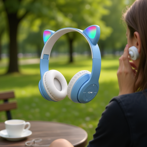 Écouteurs sans fil Myrva Cat Ear bleus avec lumières RGB, Bluetooth V2.0, son stéréo intra-auriculaire, charge Type C - Product Image 2