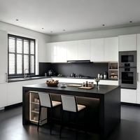 Meuble de cuisine haut noir avec îlot, style minimaliste moderne, en contreplaqué blanc, évier, plan de travail en quartz, porte vitrée et tiroirs