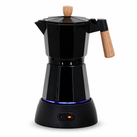 Cafetière électrique Moka 6 tasses avec base chauffante, poignée en bois à toucher froid et indicateur LED