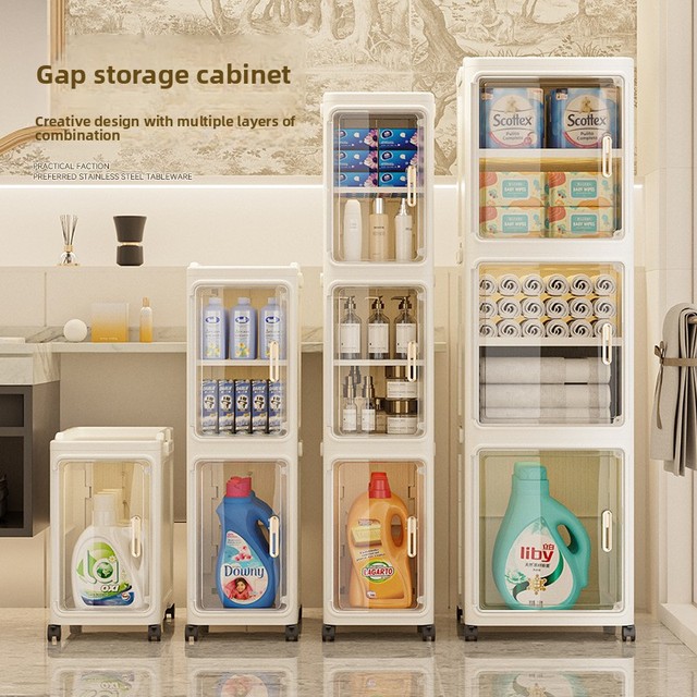 Narrow Slim Gap Storage Cabinet Three Tier Magnetic Door Toilet Cart Bathroom Kitchen Plastic Organizer Unit