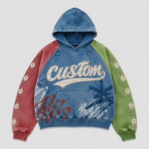 Sweat à capuche en coton épais délavé à la pierre, coupe ample, avec motif graphique en strass, style streetwear, personnalisable avec logo, pour homme, vente en gros - Product Image 1