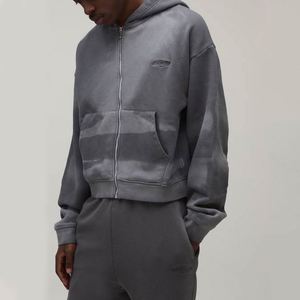 Winter Dark Grey Faded <b>Printed</b> Small Logo Cropped Zip <b>Hoodie</b> Flare Sweatpants Custom Men Two-Piece 100% Cotton Sweatsuit - Product Image 3