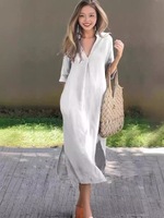Robe longue décontractée d'été pour femme en coton et lin, col en V, fente latérale, plissée, coupe trapèze