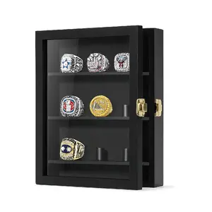 8 x 10 Wall Mounted Baseball Ring Display Case 9 Ring Posts Wooden Square Glass Shadow Box MDF Locks Sports Themed Framed Case