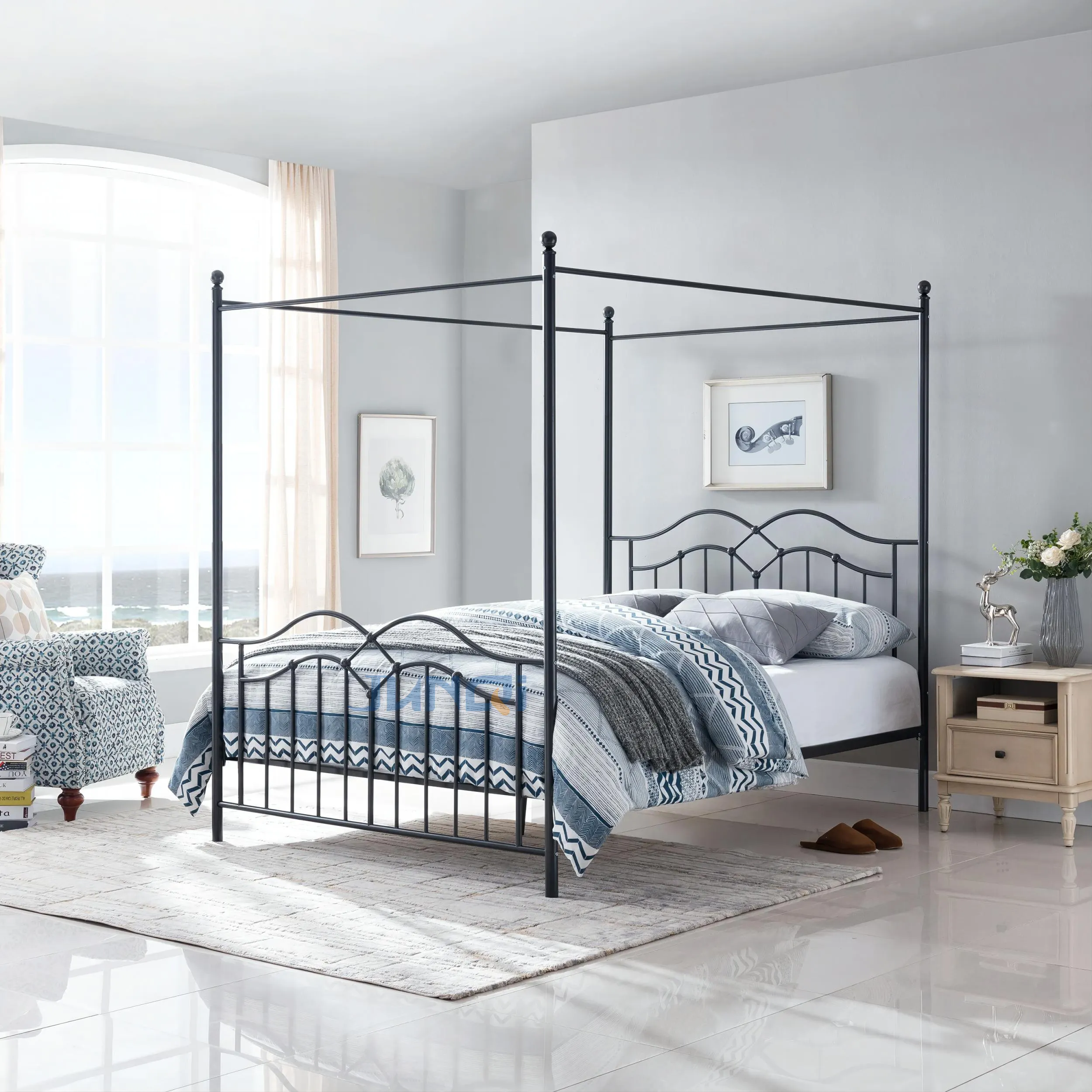 Factory customization OEM/ODM Durable apartment bedroom furniture metal bed frame single With mosquito net frame