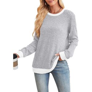 Pull à manches longues pour femme, coupe ample, col rond, color block, haut décontracté d'automne, tricot anti-boulochage - Product Image 2
