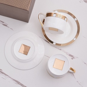 White Bone China Teacup and Saucer Set Gold Plaid Ceramic Cups <b>Gift</b> <b>Box</b> for <b>Coffee</b> Tea Serving - Product Image 2