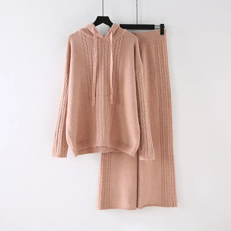 Women Cashmere pajamas pants with hooded sweater set