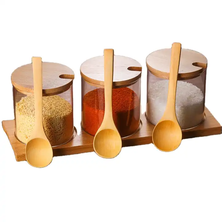 Set Of 3 Glass Jars With Spoons Bamboo Lids Base Glass Spice Condiment  Canisters Pots With Wooden Spoon Lid And Base - Buy Set Of 3 Glass Jars  With Spoons Bamboo Lids