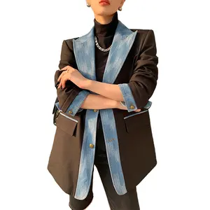 Custom New Fashion Women Color Block Denim Patch Blazer Casual Loose Single-breasted Ladies Suits Stylish Blazers For Women