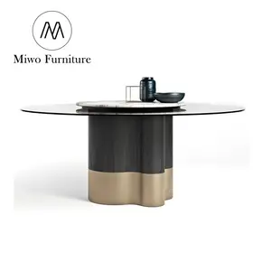 Ensemble de table à manger moderne en verre noir en acier inoxydable 6 8 10 chaises table à manger ronde de luxe avec centre rotatif