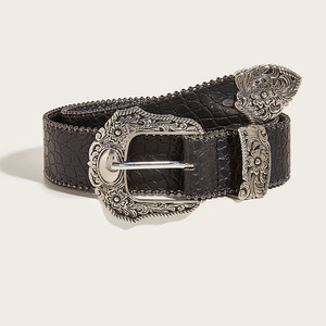<span class=keywords><strong>Ceinture</strong></span> décorative vintage de style américain pour <span class=keywords><strong>femme</strong></span> avec boucle en alliage, longueur 105 cm, largeur épaisse, design distinctif de sous-culture, noir - Product Image 6