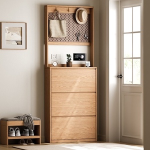 Meuble à chaussures autoportant moderne en <span class=keywords><strong>bois</strong></span> massif brun clair avec 3 tiroirs basculants, organisateur de chaussures gain de place pour salon - Product Image 4