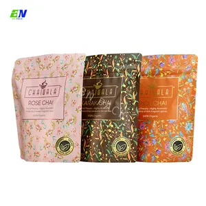 Saco de embalagem ecológico para saquinho de chá matcha café, folha plástica com impressão em cores douradas personalizada OEM 100g folha de plástico reutilizável folha de flores