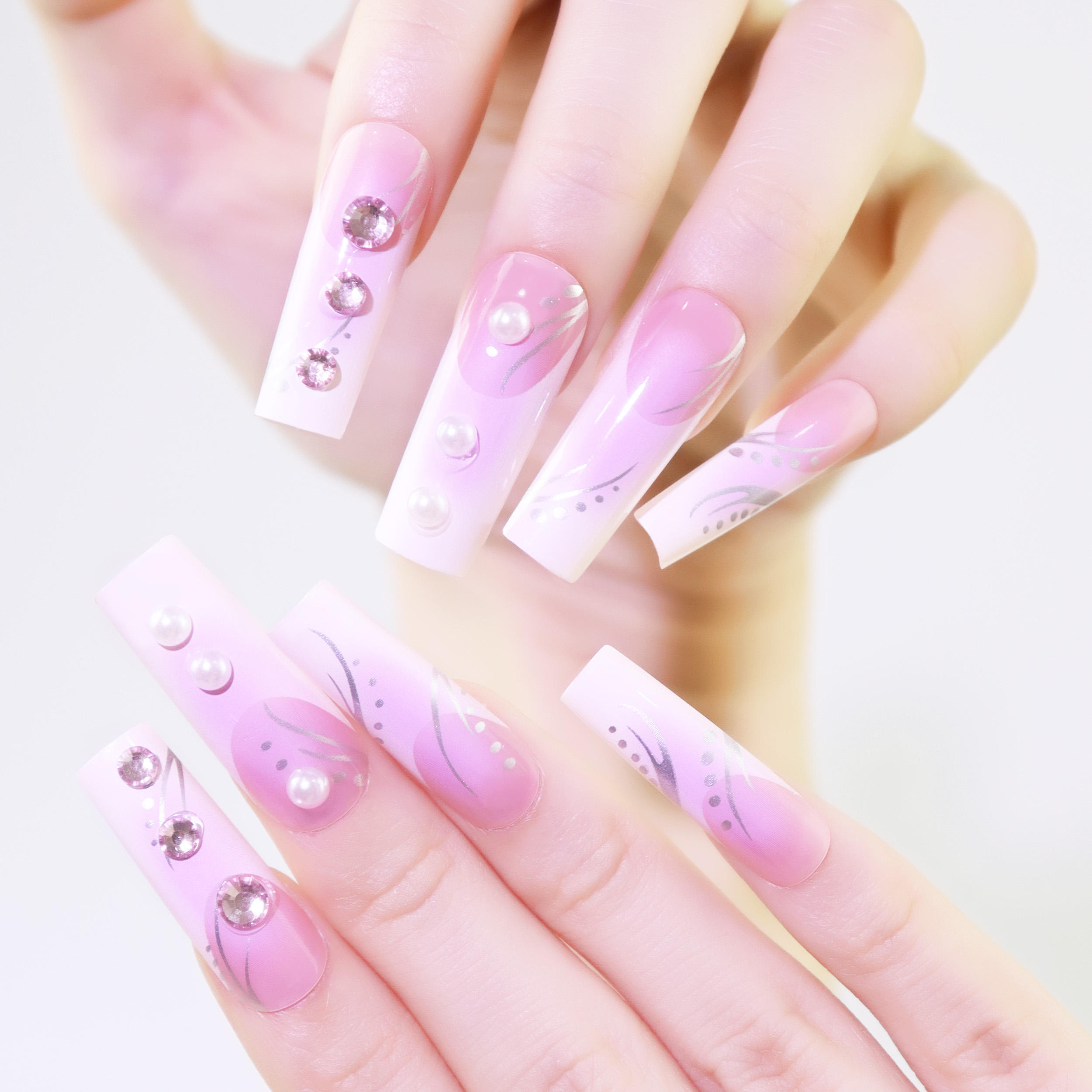 AIERFEI Wholesale High Quality Pink French Long Square Press on Nails Luxury Rhinestones False Nails Flower Artificial Nails