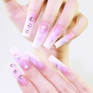 AIERFEI Vente en gros de faux ongles longs carrés roses de haute qualité, style français, <span class=keywords><strong>avec</strong></span> <span class=keywords><strong>strass</strong></span> de luxe, faux ongles floraux, ongles artificiels - Product Image 2