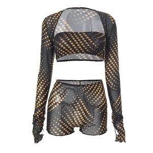 ZHEZHE Completo da <span class=keywords><strong>Donna</strong></span> 3 Pezzi Sexy con Stampa a Pois, Top a Fascia Senza Spalline con Maniche Lunghe in Rete, Shorts Sopra il Ginocchio, Coordinato Trendy - Product Image 5