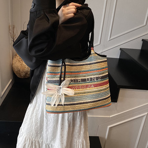 Ladies Fashion Daily Use Large Poches Woven Natural PU Trim Summer Shoulder Beach Straw Tote Bag Strandtasche - Product Image 2