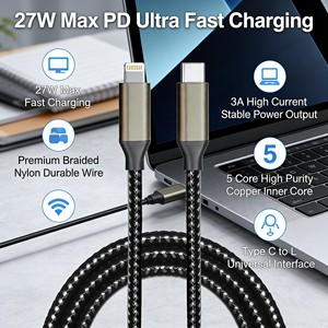 สาย USB C to L 27W PD ชาร์จเร็ว สายถักไนลอน สำหรับ <span class=keywords><strong>iPhone</strong></span> <span class=keywords><strong>14</strong></span> 13 12 ซิงค์ข้อมูล + ชาร์จ 2-in-1 - Product Image 2