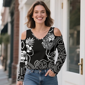 Vintage Customise Plus Size <strong>Black</strong> White Polynesian Tribal Blouses Lady Cut Out <strong>Off</strong> <strong>Shoulder</strong> Women <strong>Tops</strong> Tee Sexy V Neck T-shirts - Product Image 3