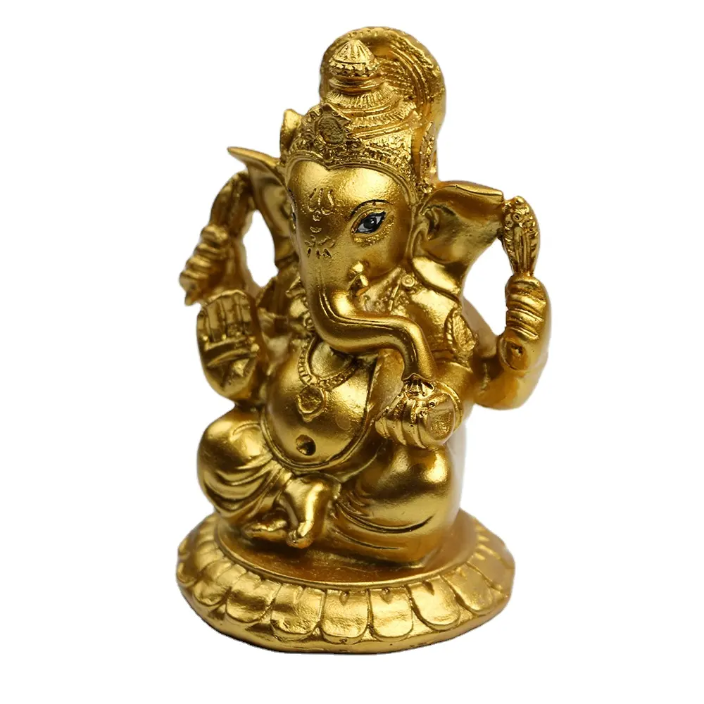 Yüksek el boyama Polyresin altın renk hint tanrı Ganesha heykeli araba dekor için Hindu Lord Ganesh heykeli