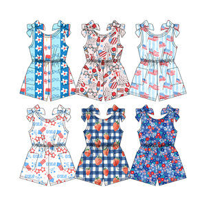 ชุดจั๊มสูทขาสั้นเด็ก ลายดอกไม้ ดีไซน์ใหม่ สำหรับวันชาติสหรัฐอเมริกา 4 กรกฎาคม ผลิตในอเมริกา ผ้าฝ้ายผสมสแปนเด็กซ์ ระบายอากาศได้ดี ขายส่ง เสื้อผ้าแฟชั่น - Product Image 1