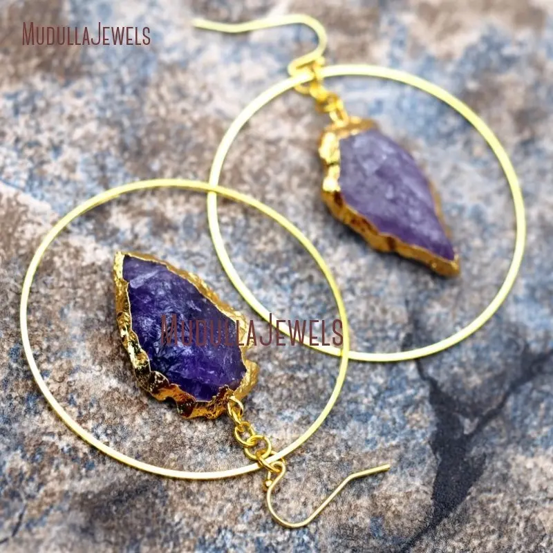 ER8914 Gold Plated Arrowhead Gemstone Dangle Earring With Large Hoop Amethyst Rose Quartz Obsidian Jasper Earrings