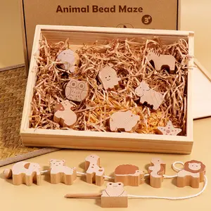 Wholesale Animal Stringing Game Solid Wooden Animal Blocks Big Size Diy String Toy Kids Lacing Beads Toy
