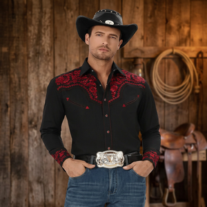 Camisa Vaquera Occidental para Hombre, Manga Larga, Bordado Floral, Cuello Camisero, Estilo Casual Country - Product Image 2