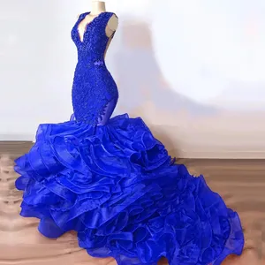 S8219F 2024 África Estilo Sexy Deep V pescoço azul royal Mermaid Lace Appliques rendas até Voltar peixe cauda vestido de noiva vestido de baile