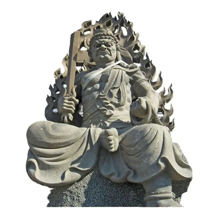 Japanese Style Temple Garden Outdoor Natural Large Green Stone Carving Buddha Standing Statue Acala Fudo Acalanatha Sculpture