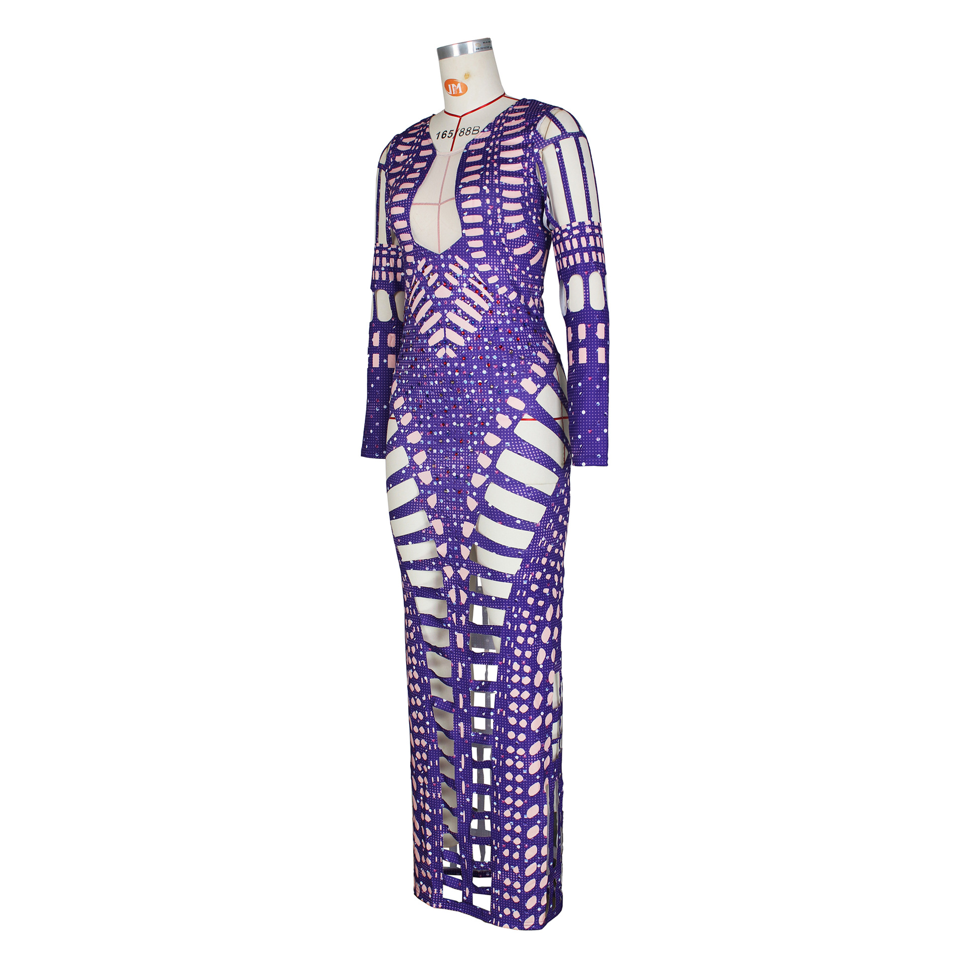 Q30664 Women's Sexy Long Sleeve V Neck Hollow Out Sequin Crochet Maxi Dress  Knitted Shinny Bodycon Party Dress