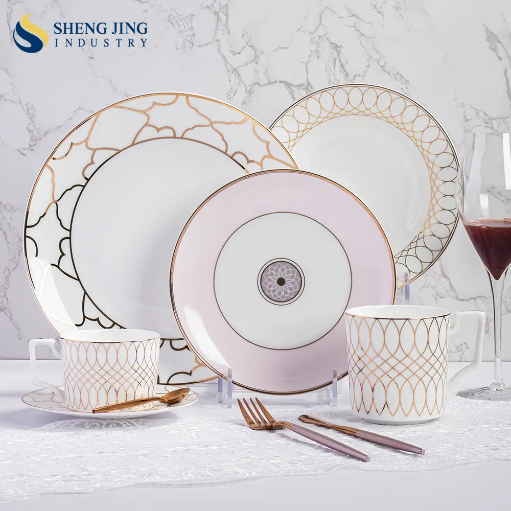 Оптовая продажа, современная простая китайская Золотая посуда, светло-Роскошный розовый набор для свадебного банкета, посуда, Европейский набор для домашнего обихода