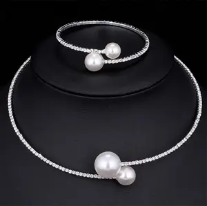 DAIHE set-3376 Sparkling rhinestone pearl collar necklace Open adjustable bracelet bridal set