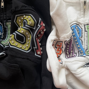 Custom Wholesale Heavyweight Cotton <b>Fleece</b> Y2K Streetwear Rhinestone Graphic Raw Edge Distressed <b>Mens</b> Zip Up Hoodie - Product Image 3