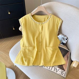 Women's Sleeveless Cotton <b>Linen</b> Vest Yellow Round Neck Button Front Breathable Summer <b>Top</b> - Product Image 1