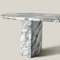 Breccia Grey Vein Marmor Esstisch Organische Längliche Eierförmige Platte Asymmetrischer Versetzter Doppelrundblock-Sockel Dinner-Tisch