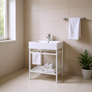 Conjunto de Mueble de Baño con Lavabo Rectangular de Cerámica de 24 Pulgadas, Lavabo Independiente con Patas Metálicas Abiertas, Almacenamiento, Diseño Minimalista - Product Image 2
