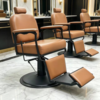 Fauteuil de barbier vintage hydraulique inclinable avec repose-pieds en cuir marron, mobilier de salon classique pour hommes, salon de coiffure