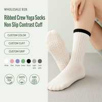 Chaussettes de yoga antidérapantes en coton pour femmes, design gratuit, côtelées, pour Pilates et Barre, avec bord contrastant