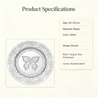 Assiette de présentation en plastique PP gaufré motif corail papillon, revêtement argenté personnalisé, pour banquets, mariages et décorations de table festives