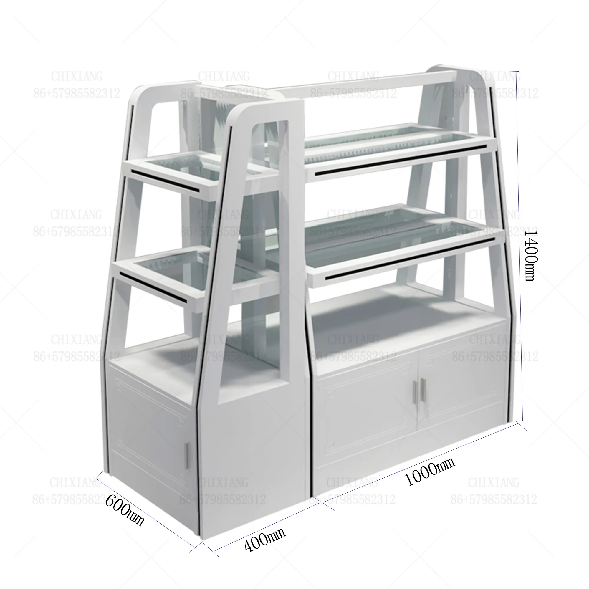 Cosmetic Glass Retail Display Rack with LED Light/Double sided density board paint tableware in the island display cabinet