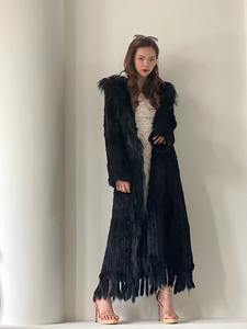 YRFUR YR023 diseño de moda tejido a mano piel de conejo auténtica con piel de perro mapache recorte X-Long Coat - Product Image 3