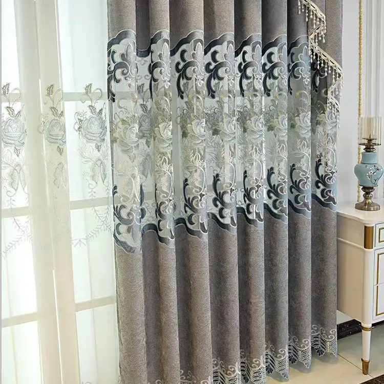 TIANYUN 럭셔리 유럽 디자인 회색 셔닐 직물 자카드 정전 수 놓은 커튼 거실