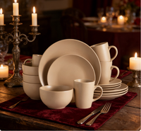 Service de table en céramique beige mat 16 pièces - Assiettes, bols, tasses pour 4 personnes