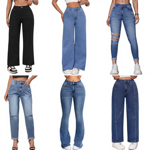 Nouveau modèle de jeans rétro déchirés à empiècements, coupe droite et ample, jambe large, vente en gros à bas prix - Product Image 1