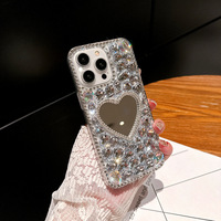 Étui de luxe strass coeur miroir pour iPhone 15 Pro Max 16 Pro 14 Plus étui souple antichoc pour téléphone portable