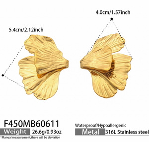 Boucles d'oreilles en acier inoxydable plaqué or en forme de feuille de Ginkgo, bijoux élégants en forme de feuille florale pour femmes - Product Image 5