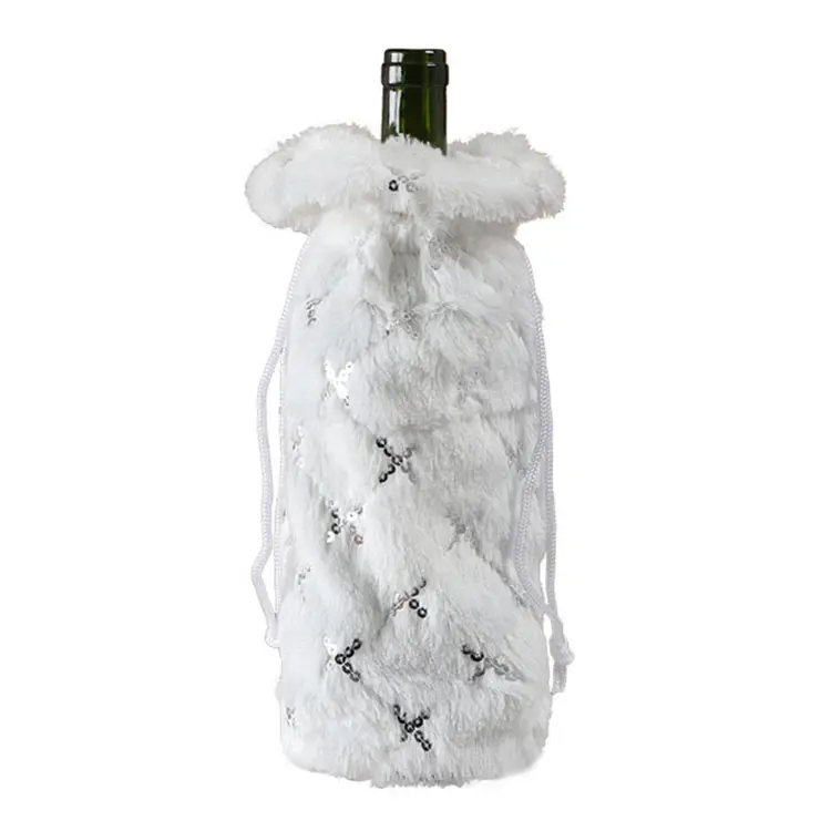 Ornamen Natal Dekorasi botol anggur pekerjaan tangan bordir putih salju mewah kain